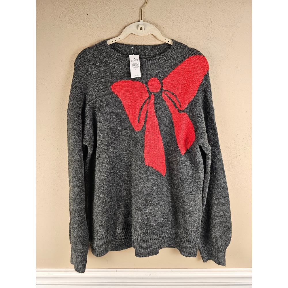 NWT‎ Loft Womens Gray Red Christmas Bow Wool Blend Sweater Small